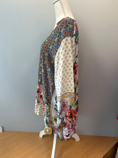 Johnny Was XL Tan /rainbow LS collared blouse w/ patterning