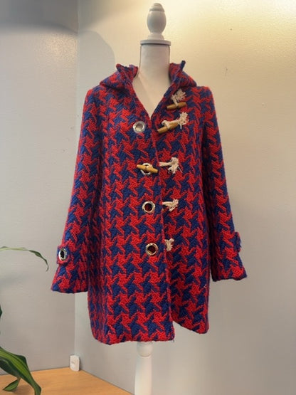 Judith March S Red /purple houndstooth jacket w/ belt/tassel buttons