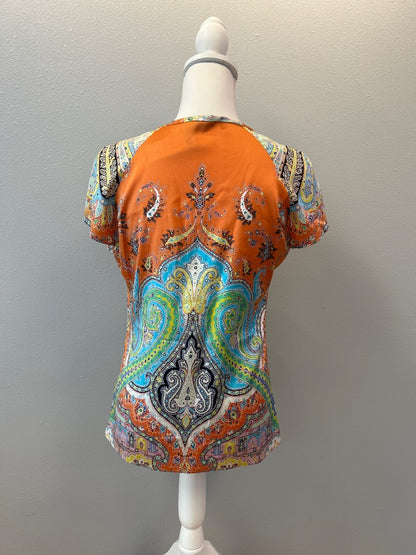 Etro 44 M Orange Silk Paisley U-neck