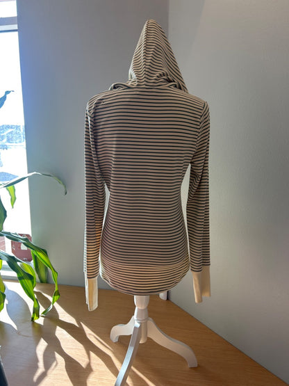 Doe & Rae S Tan /green striped LS hooded top