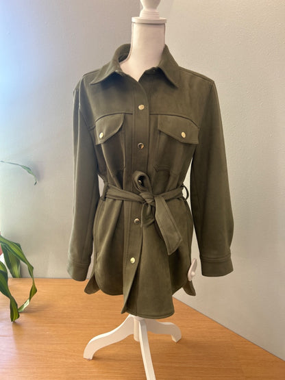 Loft S Green faux suede LS longer hem w/ gold buttons