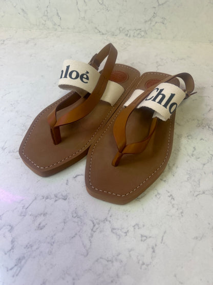 See by Chloe 8.5 Tan Leather flip flop w/ back strap/branded strap