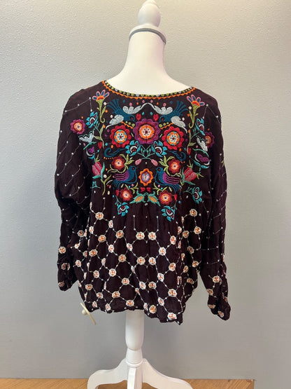 Johnny Was S purple/ornge/green v neck bttn front flowy floral embroidery