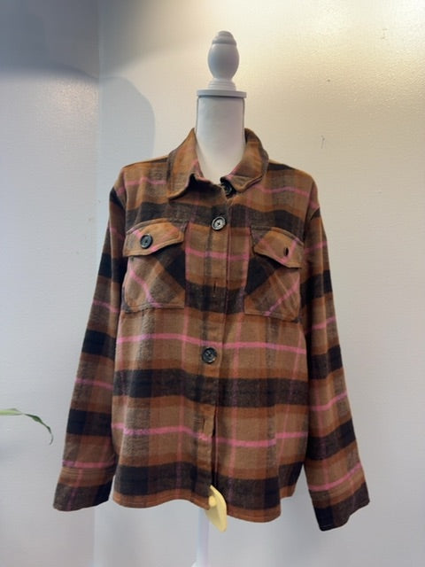BB Dakota XXL Brown /pink plaid fuzzy SHACKET blazer