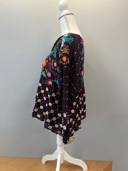 Johnny Was S purple/ornge/green v neck bttn front flowy floral embroidery