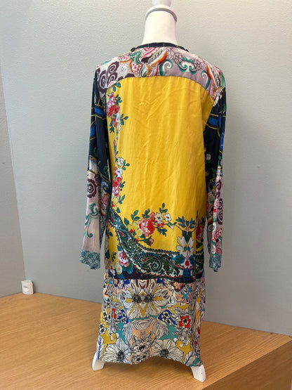 Johnny Was L Blue 100% SILK floral multi LS cardi longer hem