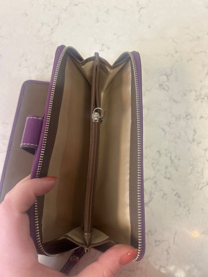 Coach  Tan /purple CC trifold zip wallet