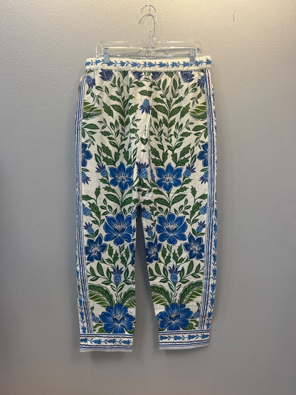 Farm Rio L White /blue/green floral slip on pants w/ tie NWT