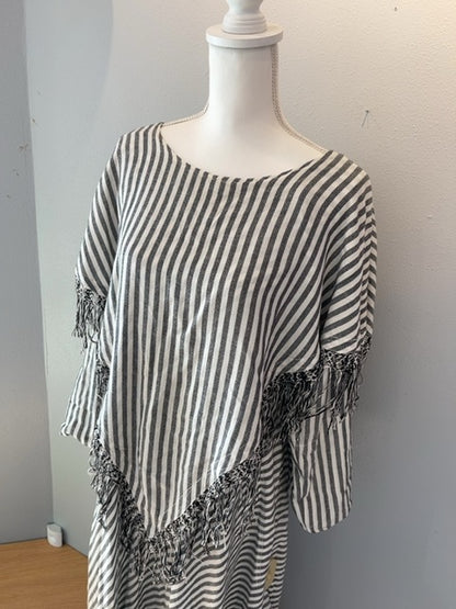 NO BRAND M Gray /white stripe LS fringe top flowy midi