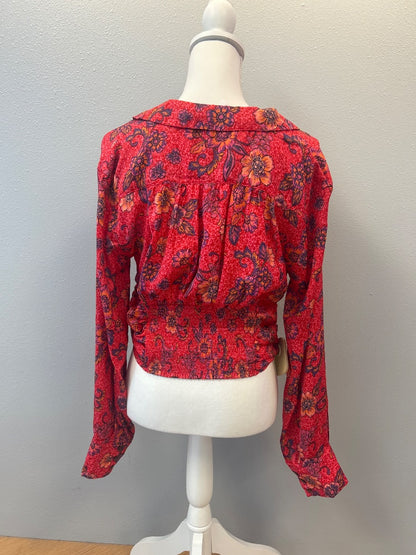 Free People M Red floral satin LS blouse