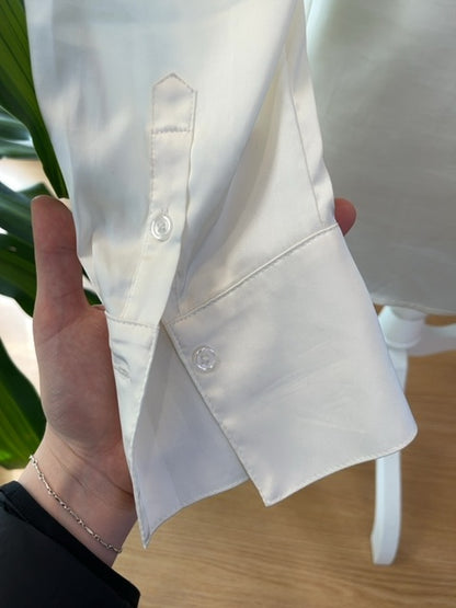 Banana Republic S Cream satin collared LS button up