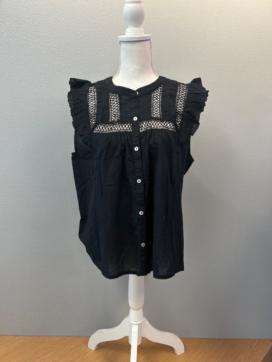 calypso L Black no collar SS bttn up w/ eyelet/lace accents