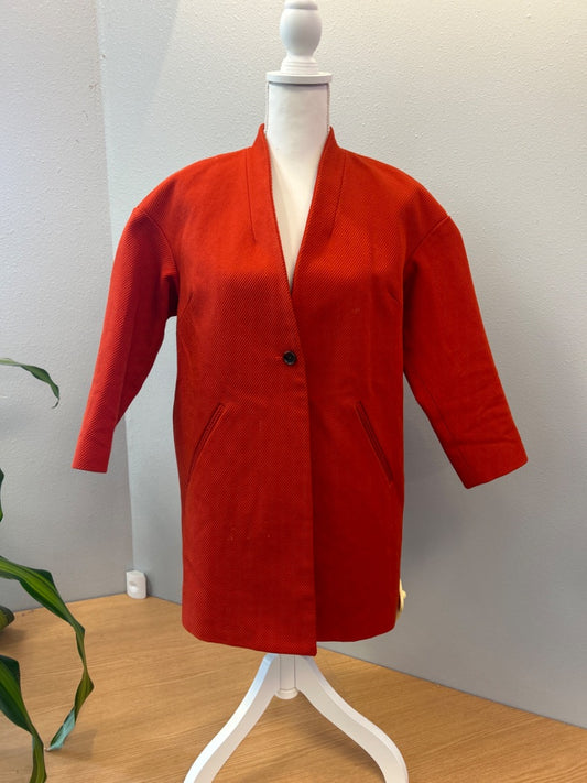 Steven Alan 2 Orange 'Cocoon Tour Coat' 100% cotton twill single button long hem