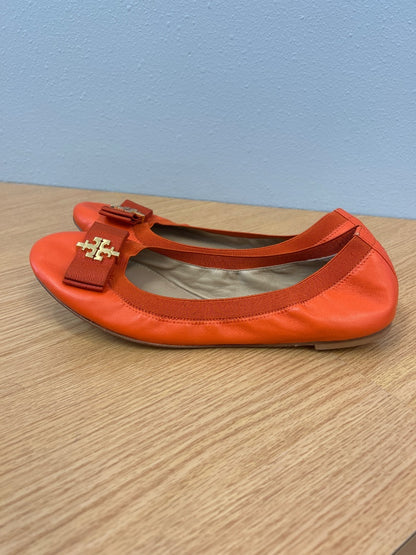 Tory Burch 11 Orange 'Mayberry Logo Ballet Flat' leather round toe w/ gold logo