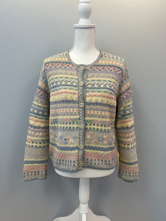 Sigrid Olsen L Blue cotton fair isle bttn up HAND KNIT cardi