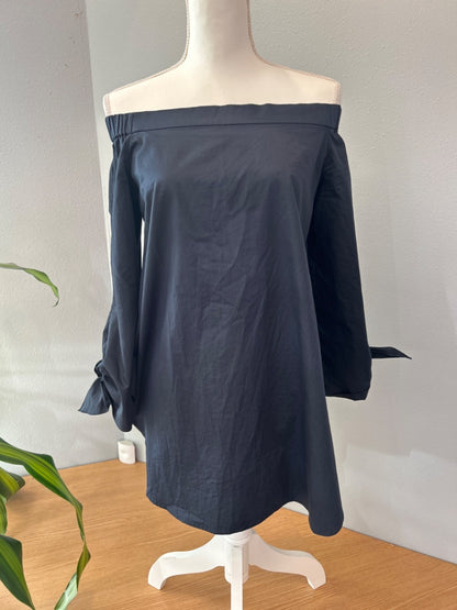 Tibi 2/XS Blue off the shoulder LS bow flowy blouse