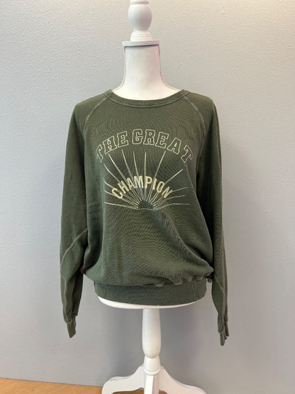 The Great L Green crewneck "the great champion" sun graphic