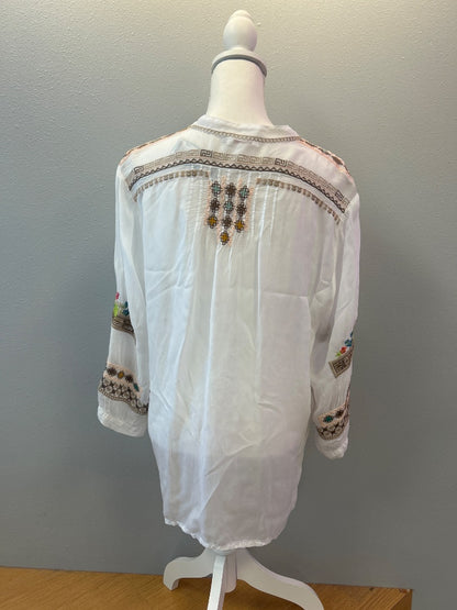 Johnny Was L White /multi colored embroidered LS flowy top