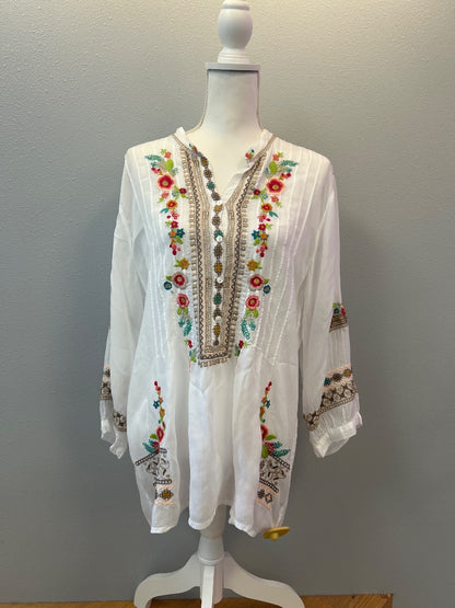 Johnny Was L White /multi colored embroidered LS flowy top