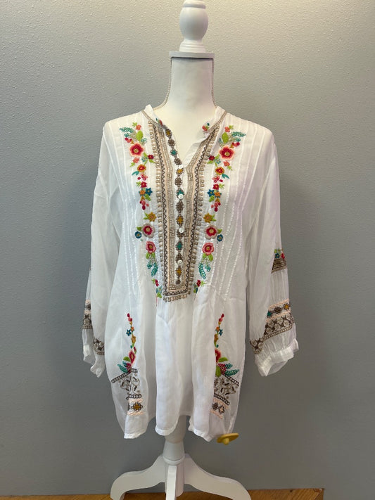 Johnny Was L White /multi colored embroidered LS flowy top