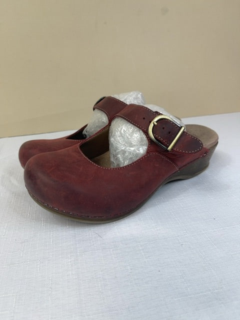 Dansko 8.5 Red slip on mary jane clog w/ gold buckle