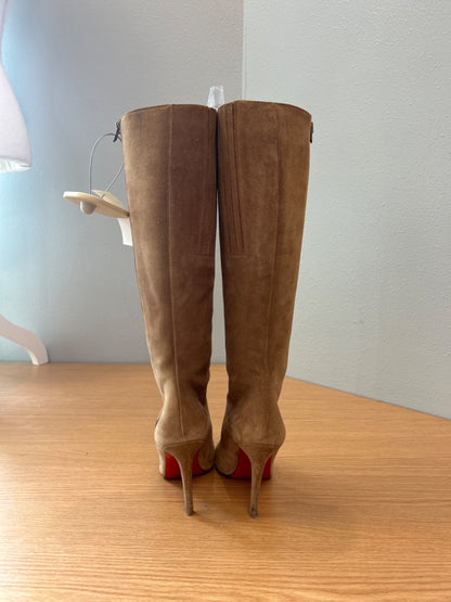 Christian Louboutin 7 Tan Suede Knee High Zipper detail