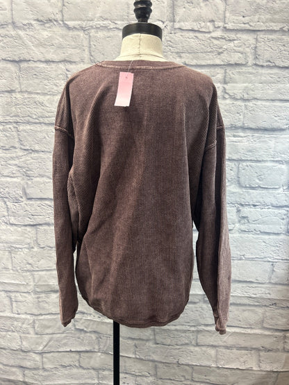 Oat Collective M Brown ribbed LS crewneck w/ "MN" graphic