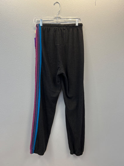 Aviator Nation M Black joggers w/ purple and blue stripes (as is pilling)