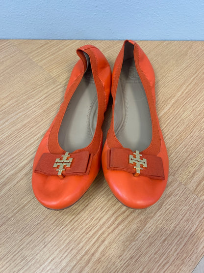 Tory Burch 11 Orange 'Mayberry Logo Ballet Flat' leather round toe w/ gold logo