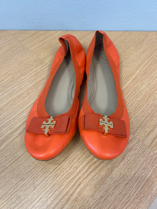 Tory Burch 11 Orange 'Mayberry Logo Ballet Flat' leather round toe w/ gold logo
