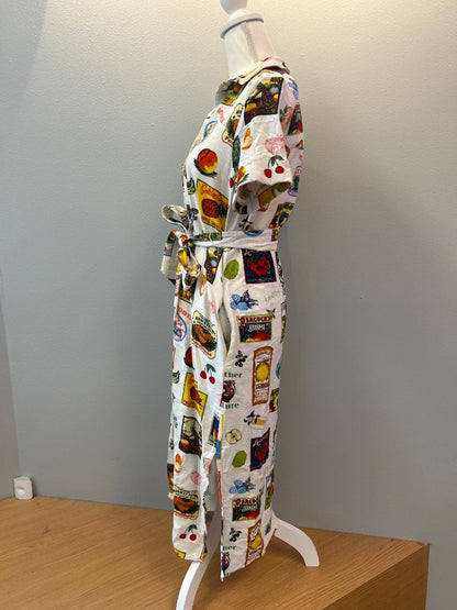 Jane & Delancey S White LINEN blend colorful ooduce/tropical print SS bttn up tie waist