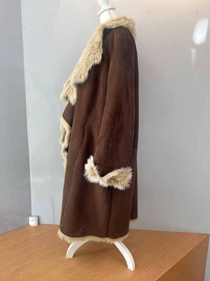 Donna Salyers 3X Brown suede long jacket w/ faux fur cuffs/collar