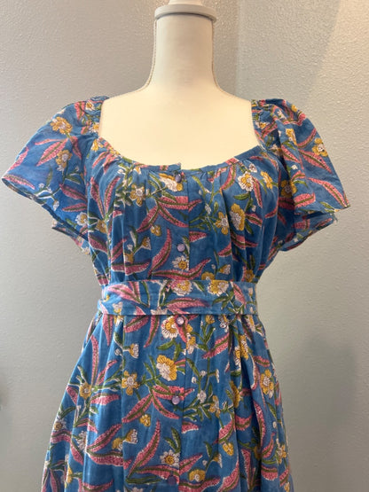 Emerson Fry L Blue /pink/yellow floral puff sleeve maxi w/ belt