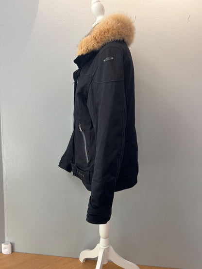 spyder L black/tan Fur collar, multi zipper, w/ belt