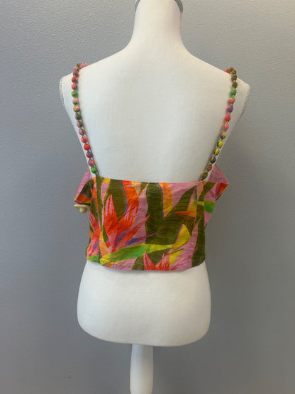 Farm Rio L pink/green.orange covered bead strap, leaf pattern, cropped
