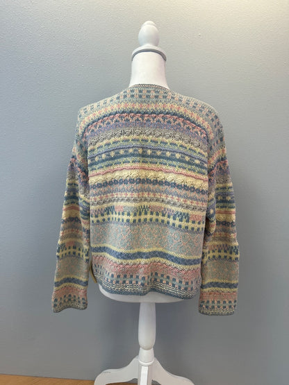 Sigrid Olsen L Blue cotton fair isle bttn up HAND KNIT cardi