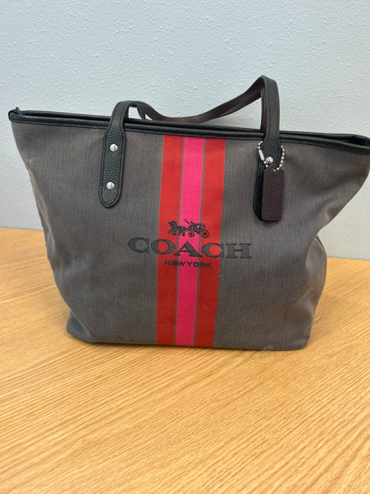 Coach  grey/red/pink jacquard tote with stripes and carriage logo
