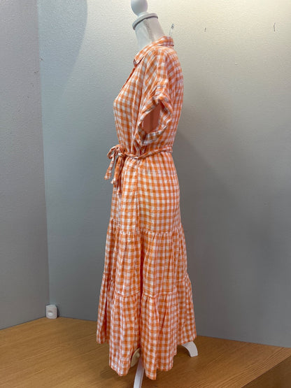 ralph lauren 6 Orange /WTE gingham SS maxi w/ belt/bttn front