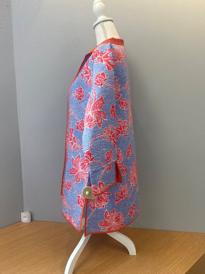 Patty Kim XL blue/red/orange SILK interior, floral, quilted, open frotn