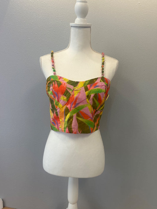 Farm Rio L pink/green.orange covered bead strap, leaf pattern, cropped