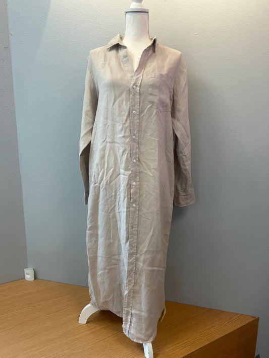 Frank & Eileen M Tan linen LS collared bttn up maxi dress