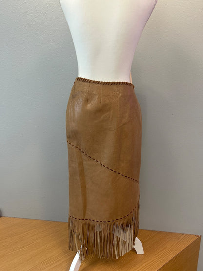 Double D Ranch 10 Tan Gen. leather midi skirt w/ stitching/fringe