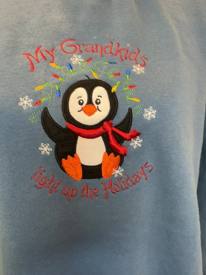 M&C Sportswear L Blue LS crewneck w/ Penguin/"Grandkids light up" graphic