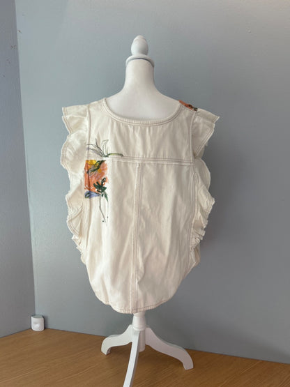 Pilcro 3X Tan Denim ruffle SS w/ florals