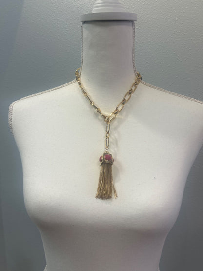 Trina Turk  Gold open link chain w/gold cube & Pink stones, multiple tiny chains tassle Necklace Gold