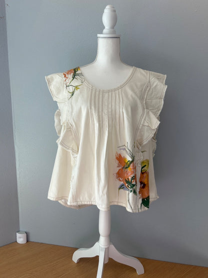 Pilcro 3X Tan Denim ruffle SS w/ florals