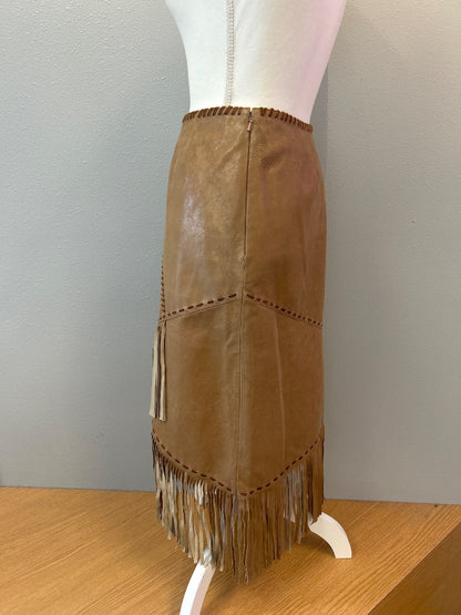 Double D Ranch 10 Tan Gen. leather midi skirt w/ stitching/fringe