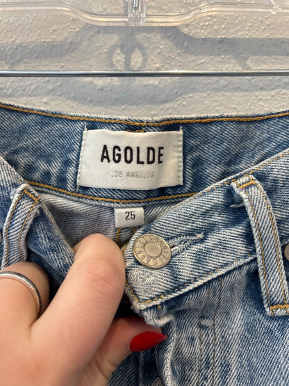 Agolde 0 Light Wash Denim bttn fly distressed shorts