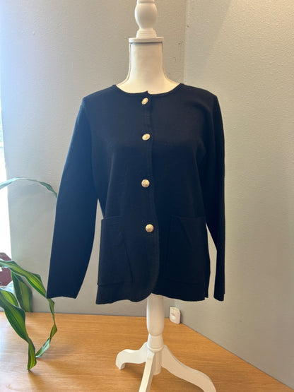 Marled M Black knit LS cardi w/ gold buttons