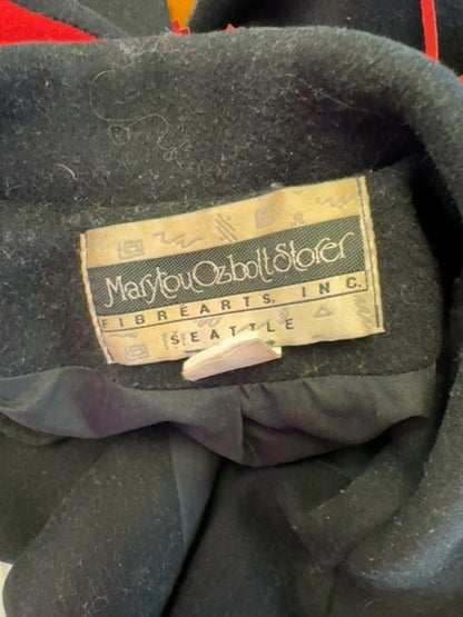 Mary Lou Ozbolt Storer S Black /red 100% wool jacket w/ fringe/embroidery